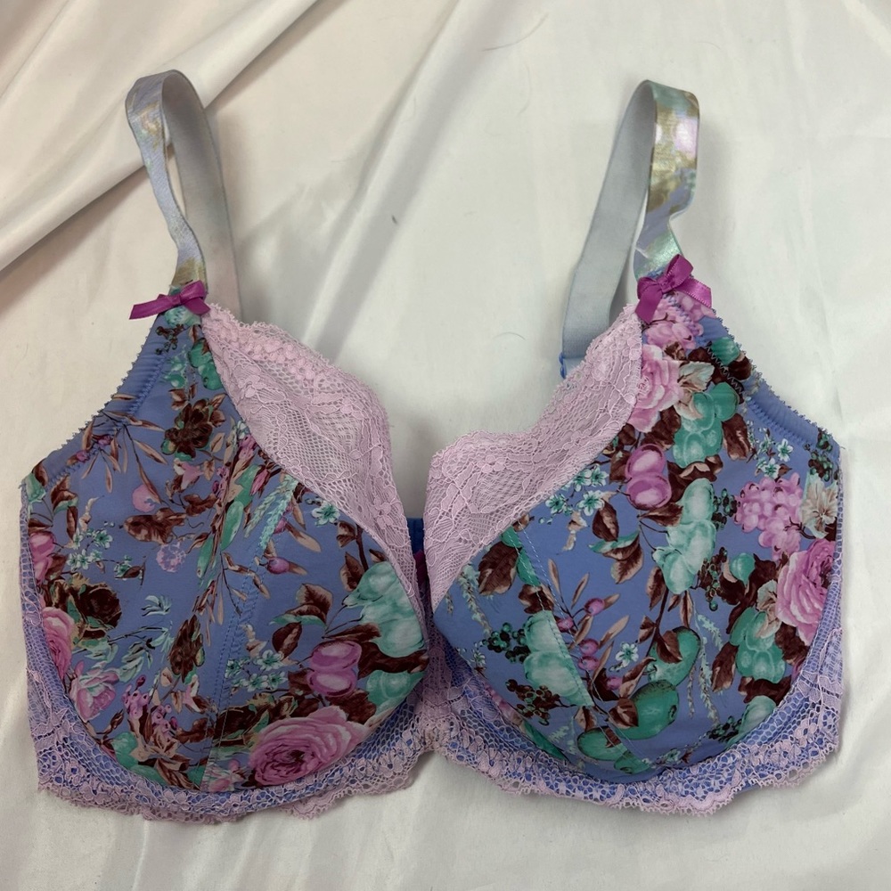 Parfait Purple and Pink Floral Print Lace Bra, size 34H